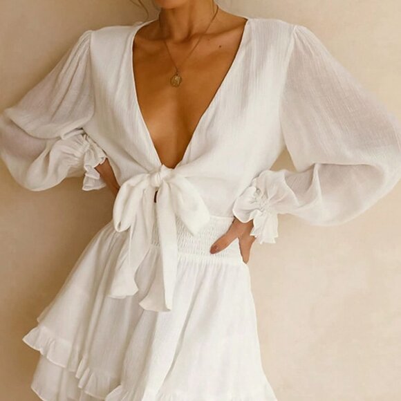 White Casual Womens Surplice Neck Lantern Sleeve Two Layer Hem Belted Dress - Picture 3 of 5